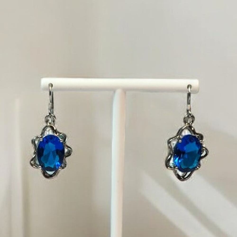 Blue Crystal Dangle 925 Sterling Silver Drop Earrings - Classic Elegance